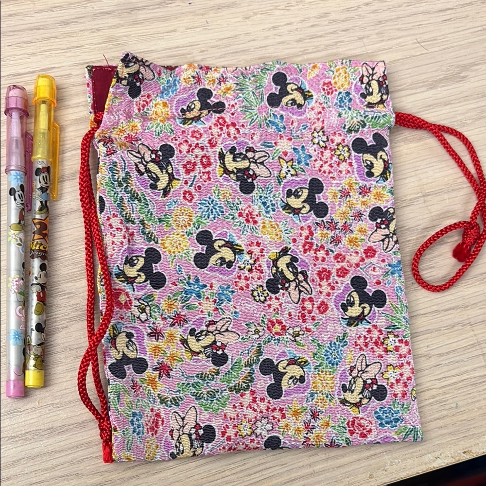 Disney Mickey Mouse Floral Drawstring Bag - Red and Pink ,2 pencils vintage